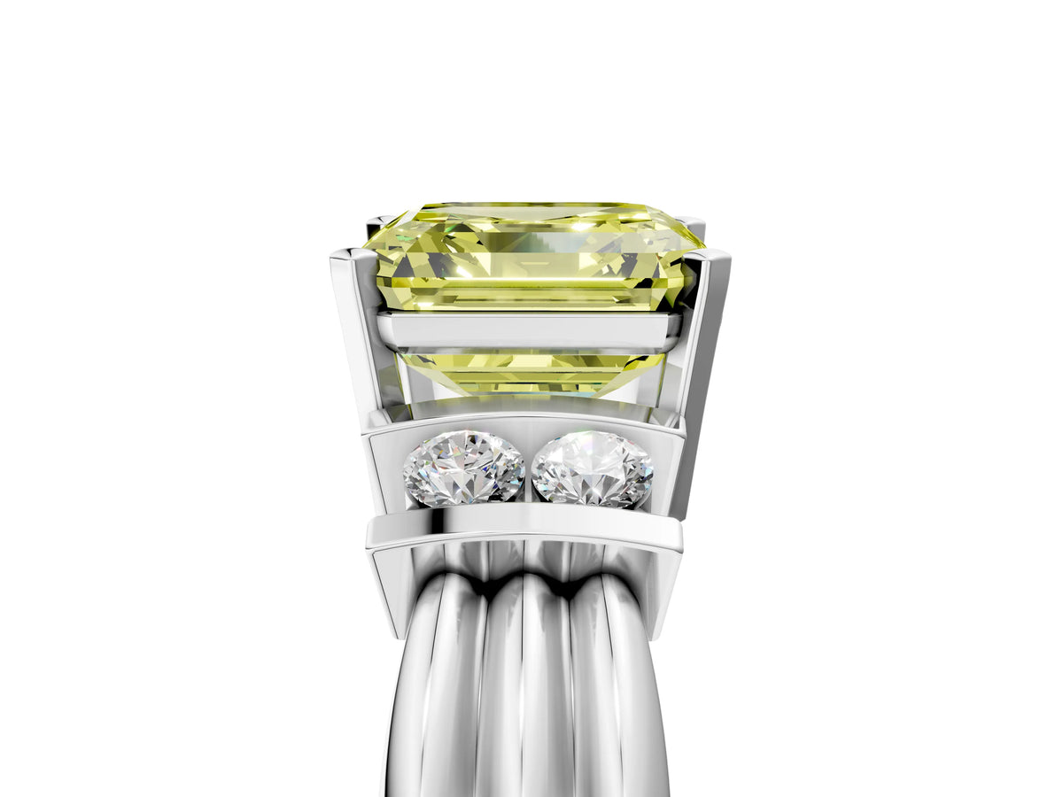 Three-Stone Fancy Yellow Asscher Cut Diamond Channel Set Ring in Silver with Bar Prongs_17