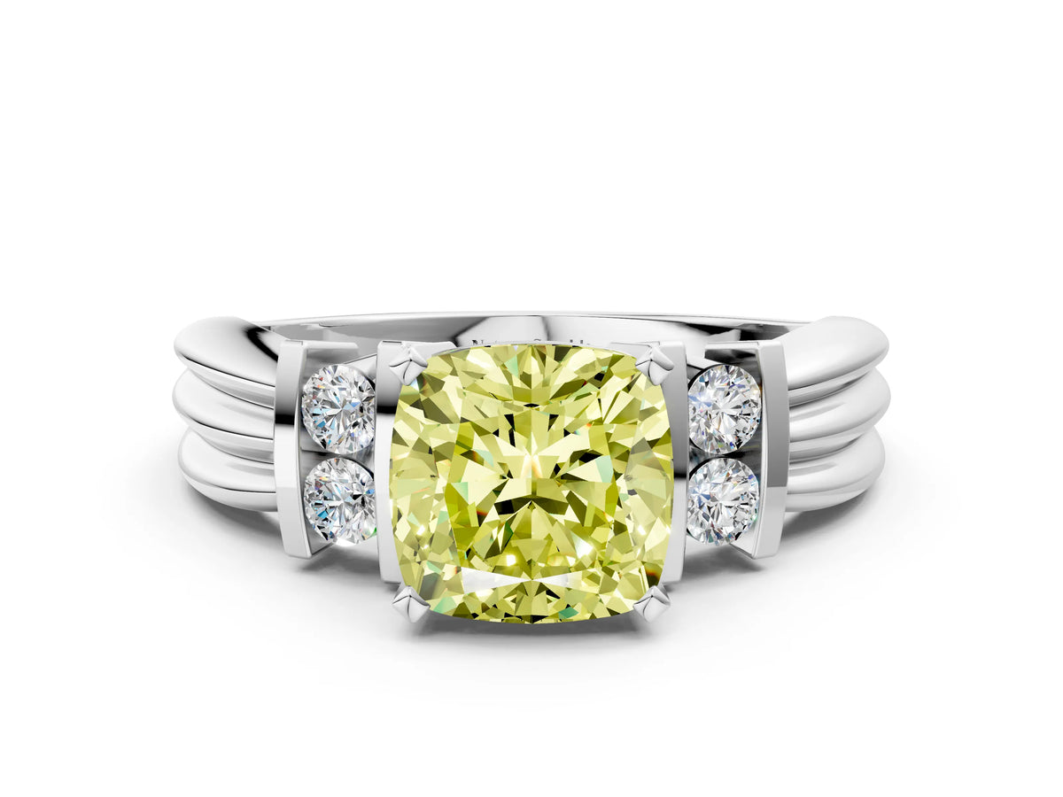 Three-Stone Fancy Yellow Cushion Cut Diamond Channel Set Ring in Platinum with Bar Prongs_12
