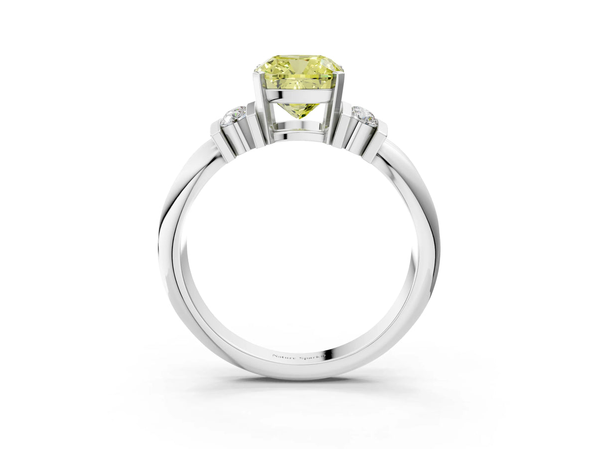 Three-Stone Fancy Yellow Cushion Cut Diamond Channel Set Ring in Platinum with Bar Prongs_15