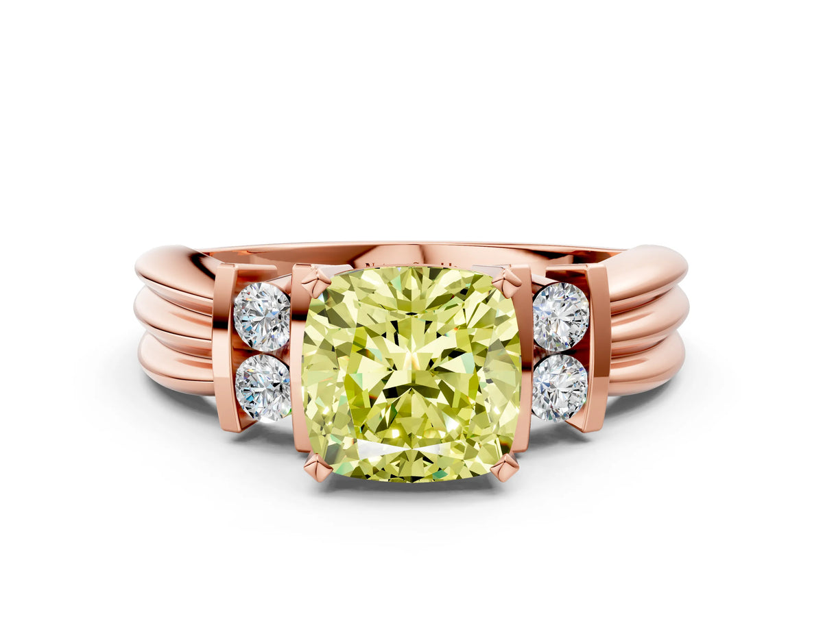 Three-Stone Fancy Yellow Cushion Cut Diamond Channel Set Ring in Rose gold with Bar Prongs