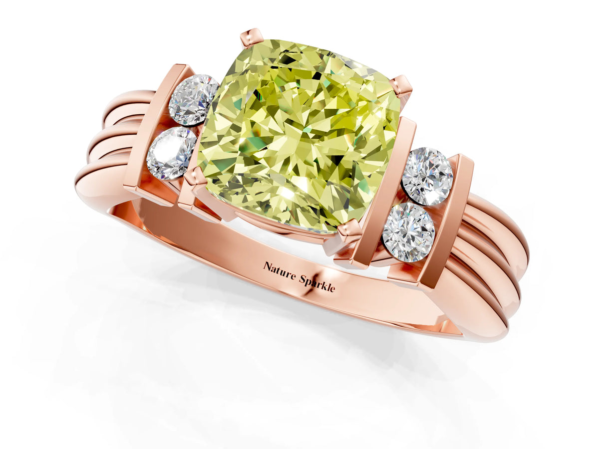 Three-Stone Fancy Yellow Cushion Cut Diamond Channel Set Ring in Rose gold with Bar Prongs_1