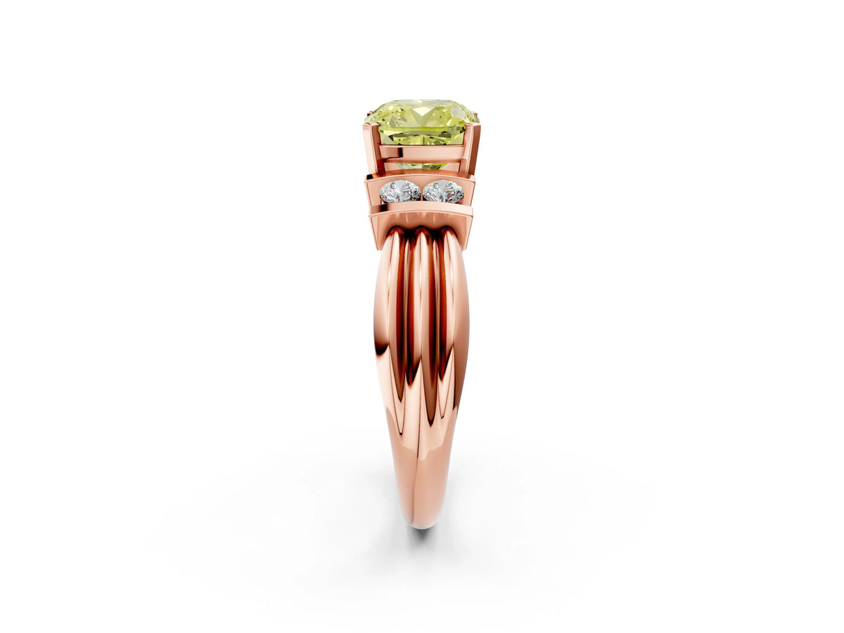 Three-Stone Fancy Yellow Cushion Cut Diamond Channel Set Ring in Rose gold with Bar Prongs_2