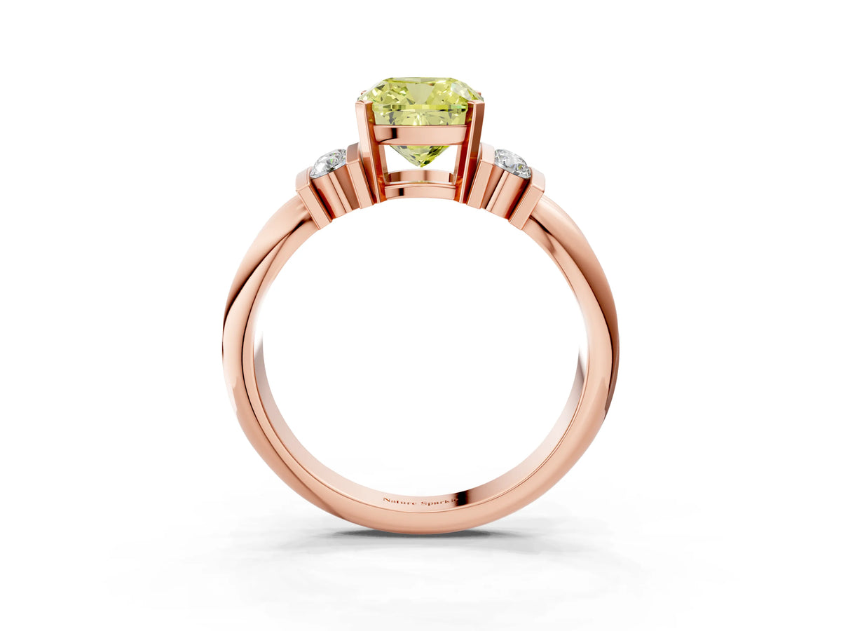 Three-Stone Fancy Yellow Cushion Cut Diamond Channel Set Ring in Rose gold with Bar Prongs_3