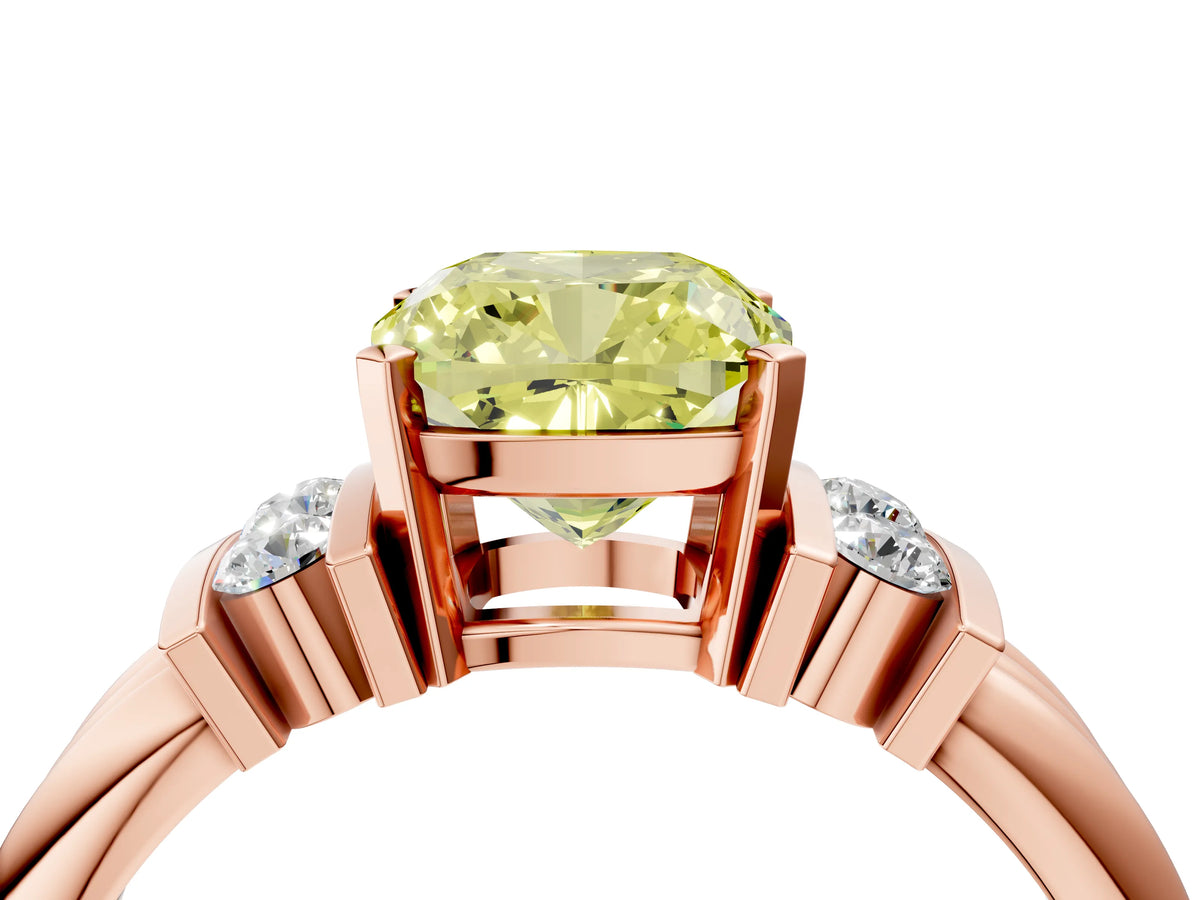 Three-Stone Fancy Yellow Cushion Cut Diamond Channel Set Ring in Rose gold with Bar Prongs_4