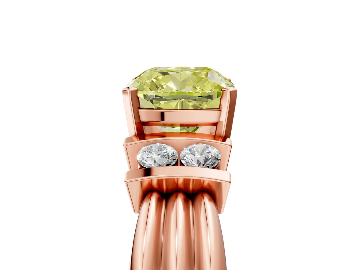 Three-Stone Fancy Yellow Cushion Cut Diamond Channel Set Ring in Rose gold with Bar Prongs_5