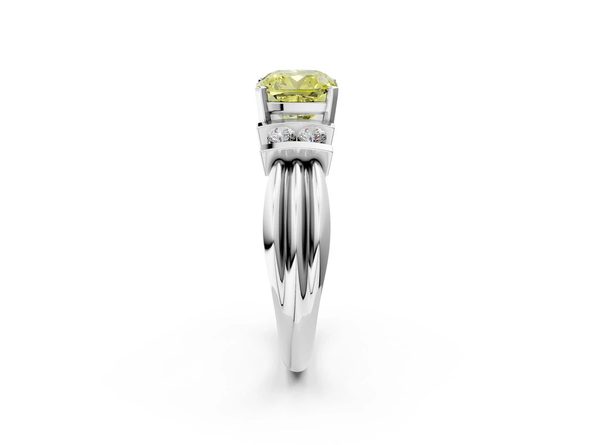 Three-Stone Fancy Yellow Cushion Cut Diamond Channel Set Ring in Silver with Bar Prongs_14