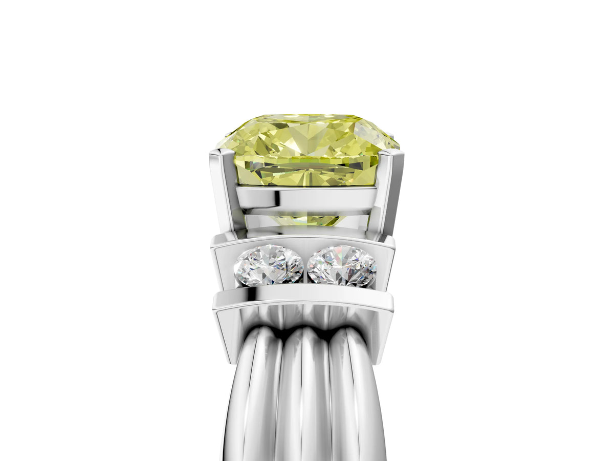 Three-Stone Fancy Yellow Cushion Cut Diamond Channel Set Ring in Silver with Bar Prongs_17