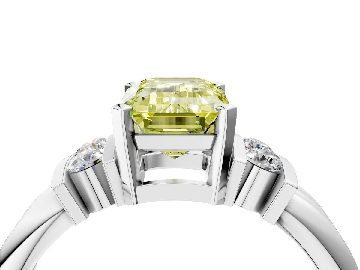 Three-Stone Fancy Yellow Emerald Cut Diamond Channel Set Ring in White gold with Bar Prongs_4