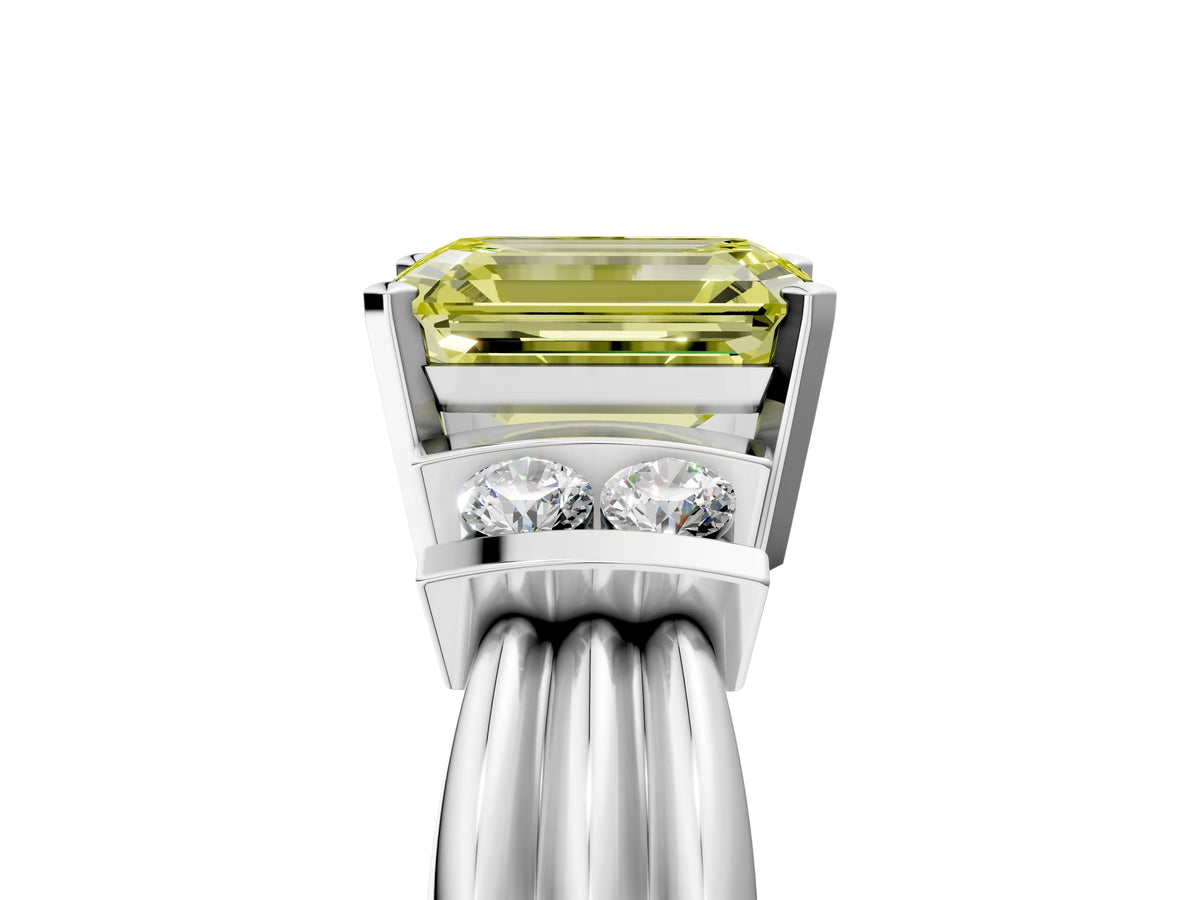 Three-Stone Fancy Yellow Emerald Cut Diamond Channel Set Ring in White gold with Bar Prongs_5