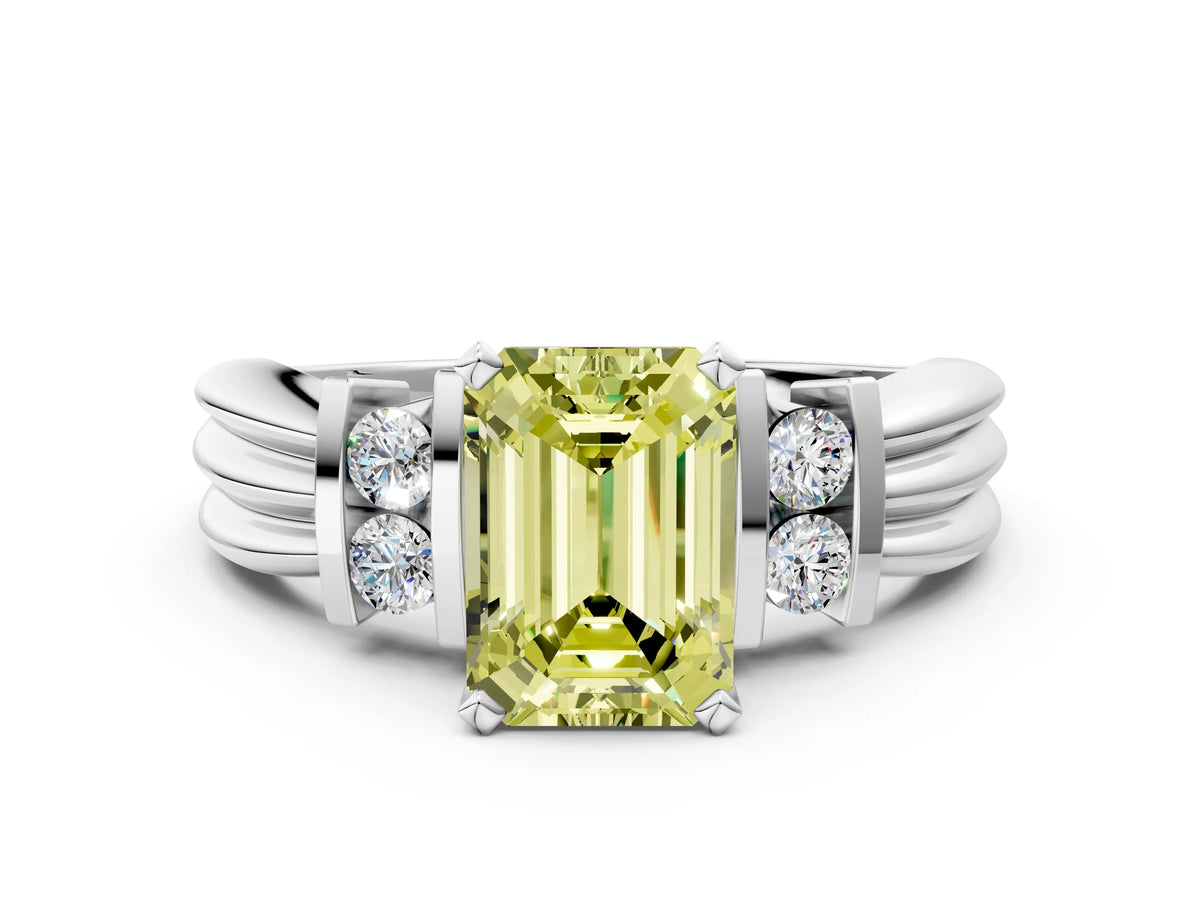 Three-Stone Fancy Yellow Emerald Cut Diamond Channel Set Ring in White gold with Bar Prongs