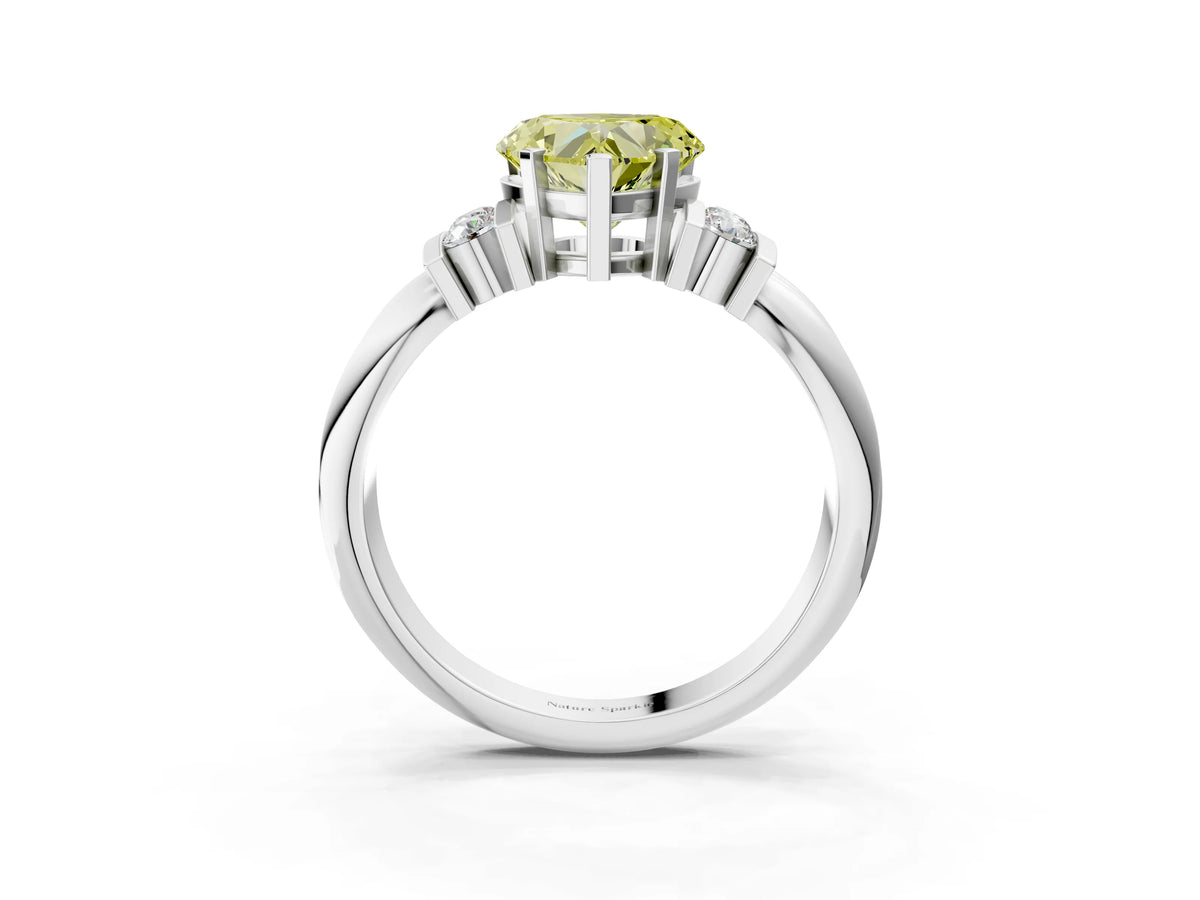Three-Stone Fancy Yellow Heart Cut Diamond Channel Set Ring in White gold with Bar Prongs_3