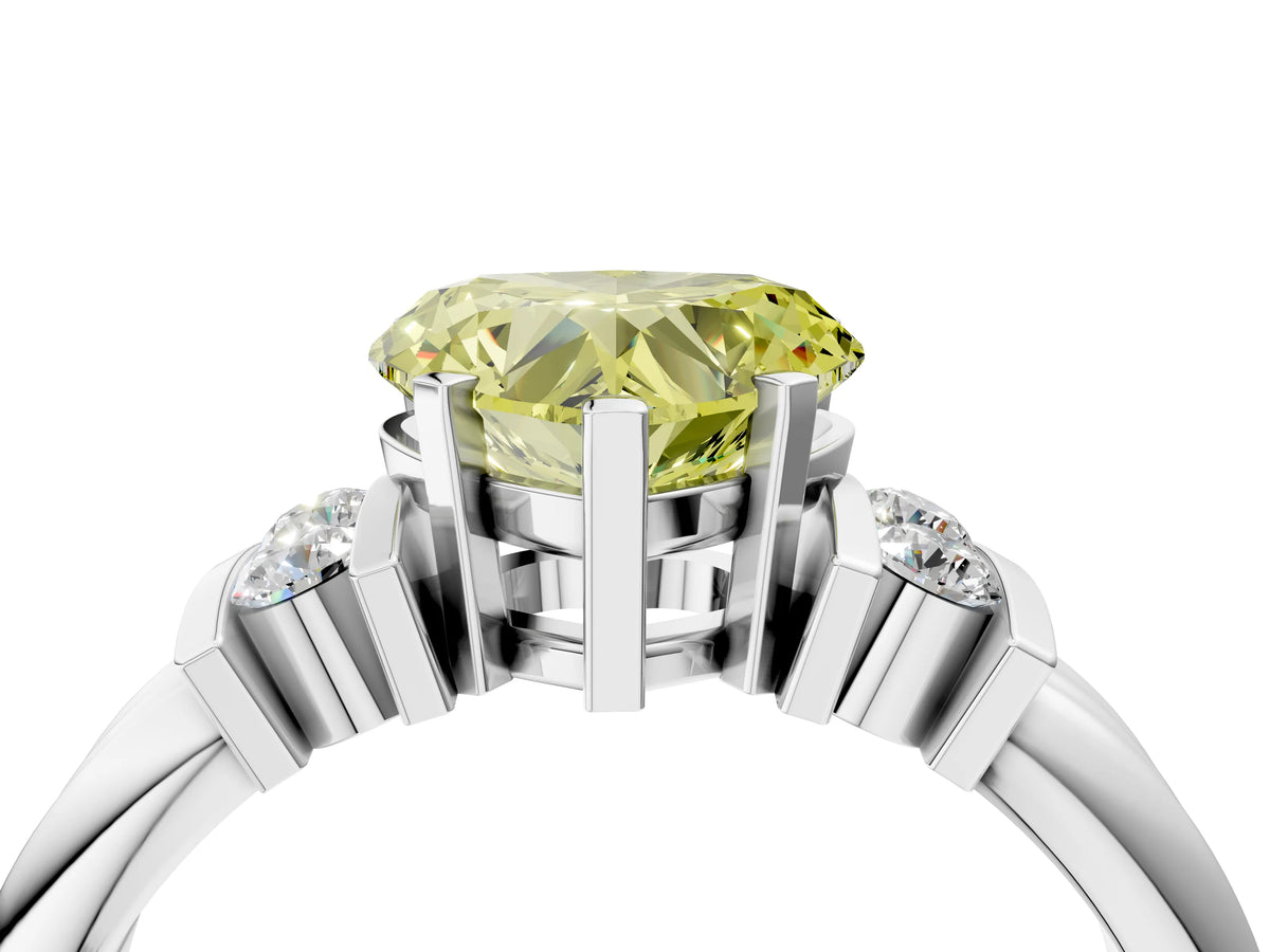 Three-Stone Fancy Yellow Heart Cut Diamond Channel Set Ring in White gold with Bar Prongs_4