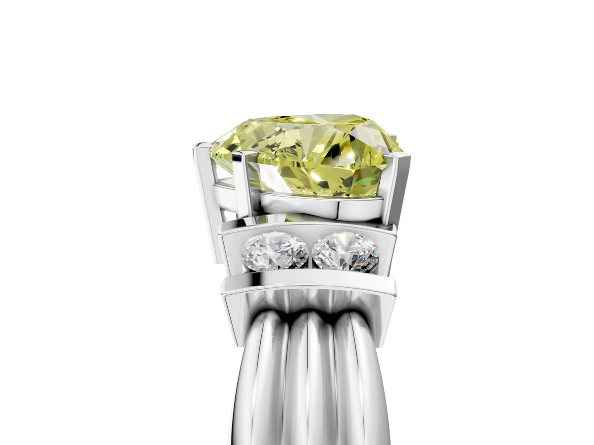 Three-Stone Fancy Yellow Heart Cut Diamond Channel Set Ring in White gold with Bar Prongs_5