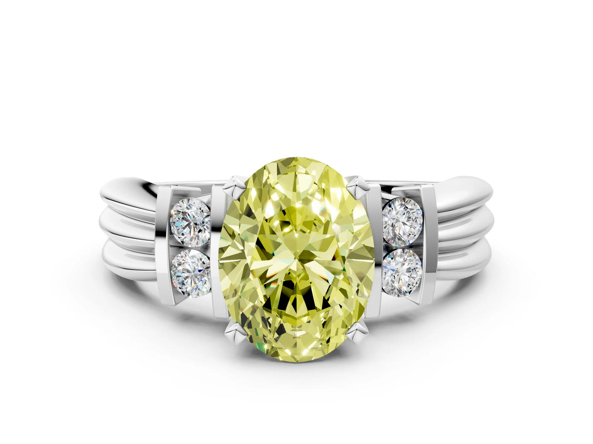 Three-Stone Fancy Yellow Oval Cut Diamond Channel Set Ring in Platinum with Bar Prongs_12