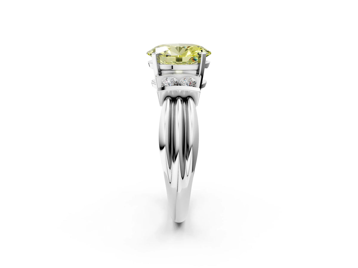 Three-Stone Fancy Yellow Oval Cut Diamond Channel Set Ring in Platinum with Bar Prongs_14