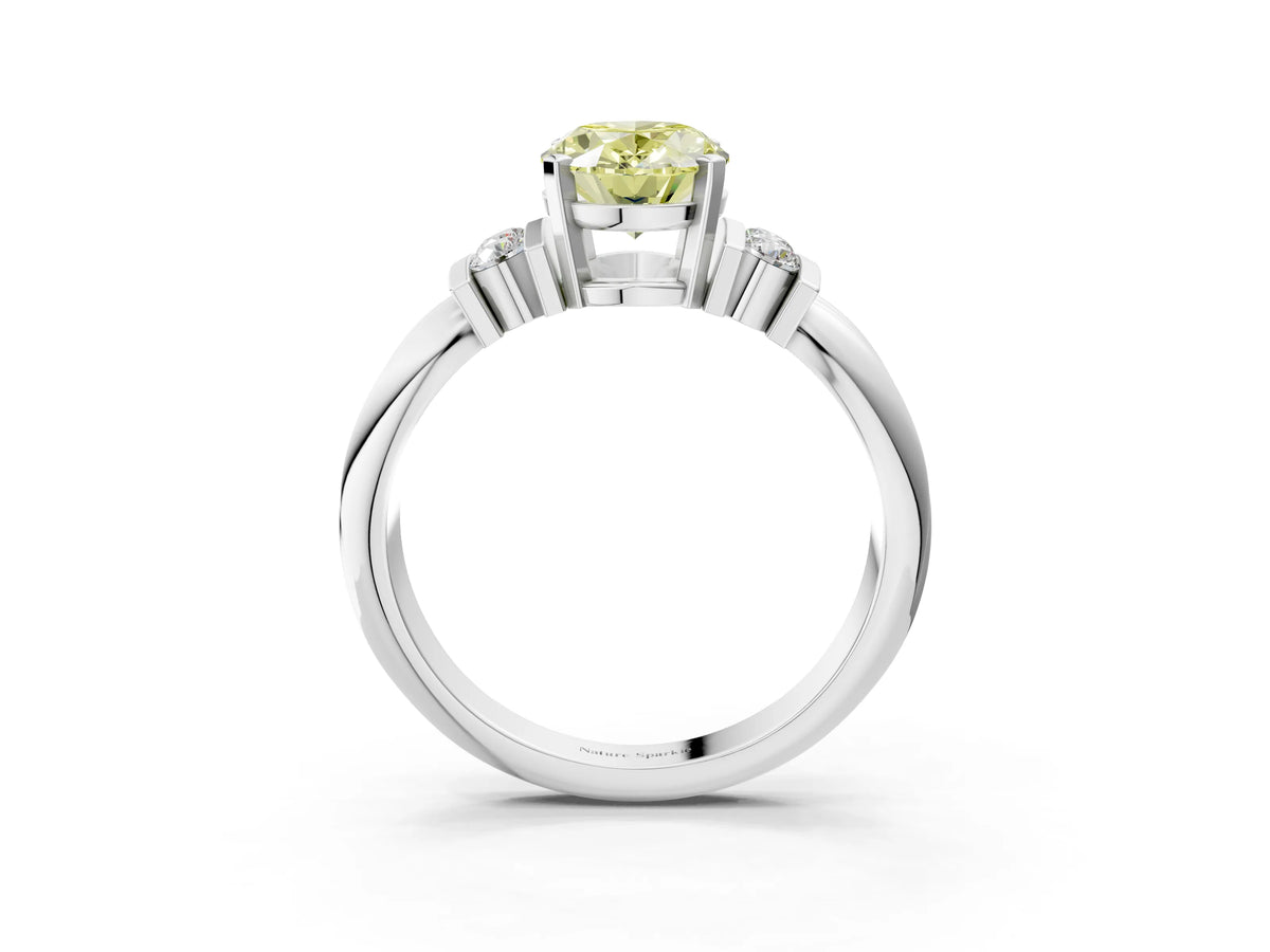 Three-Stone Fancy Yellow Oval Cut Diamond Channel Set Ring in Platinum with Bar Prongs_15