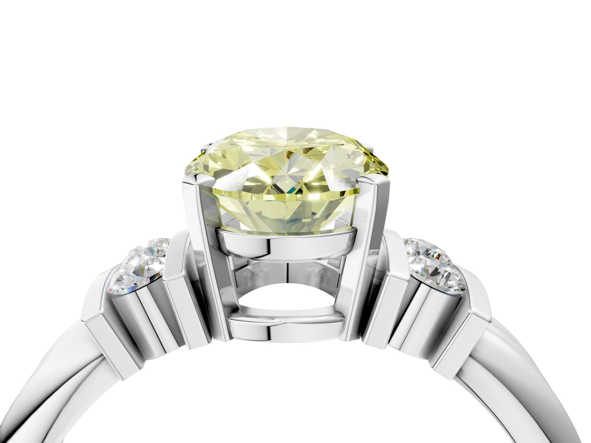 Three-Stone Fancy Yellow Oval Cut Diamond Channel Set Ring in Platinum with Bar Prongs_16