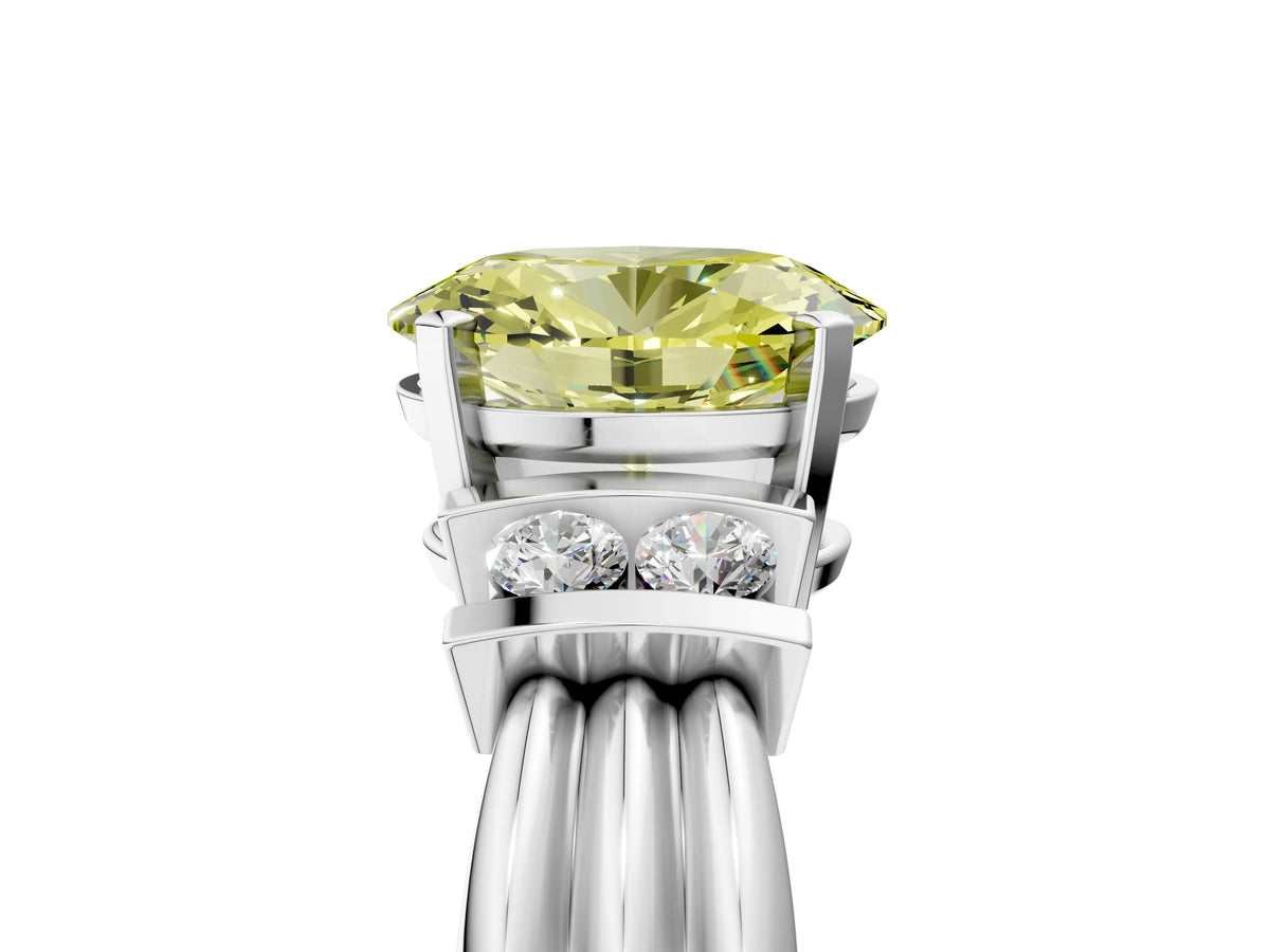 Three-Stone Fancy Yellow Oval Cut Diamond Channel Set Ring in White gold with Bar Prongs_5