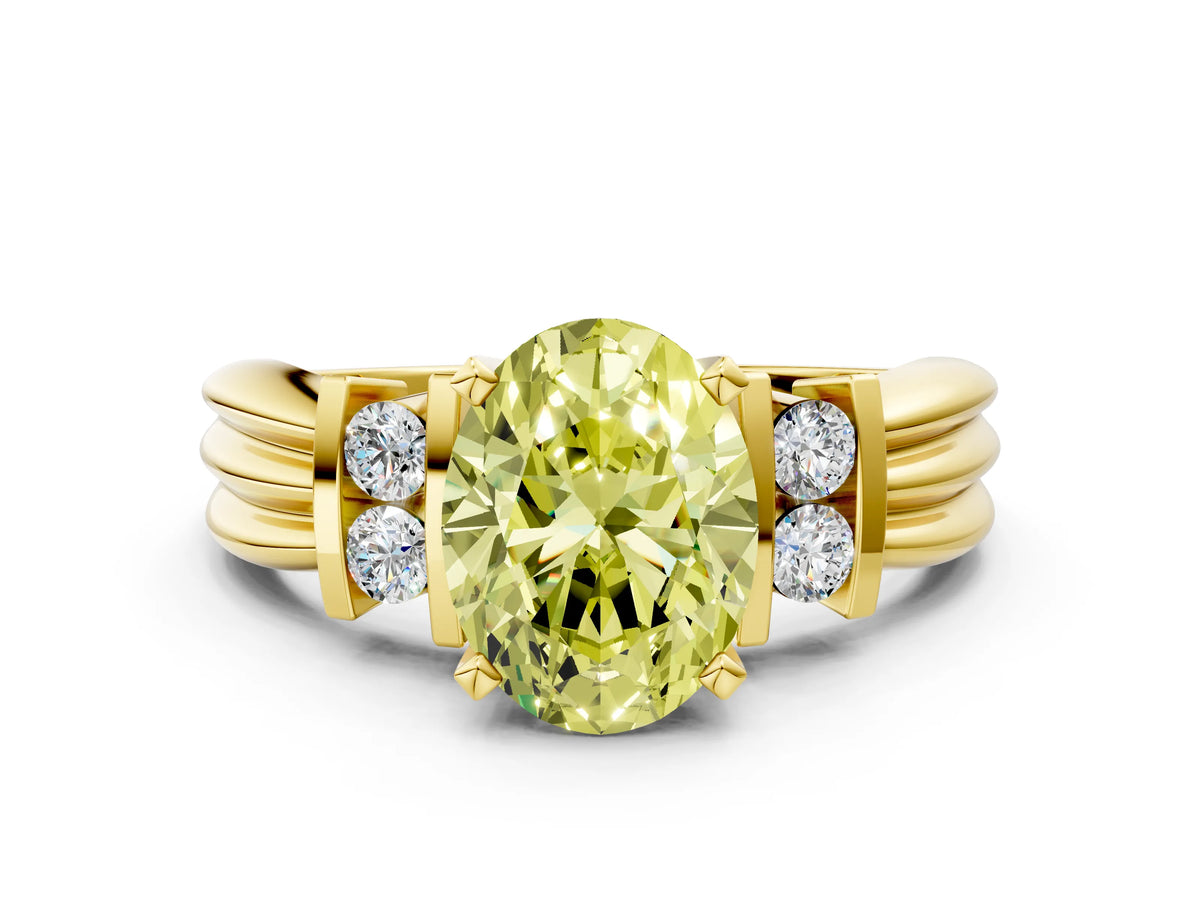 Three-Stone Fancy Yellow Oval Cut Diamond Channel Set Ring in Yellow gold with Bar Prongs