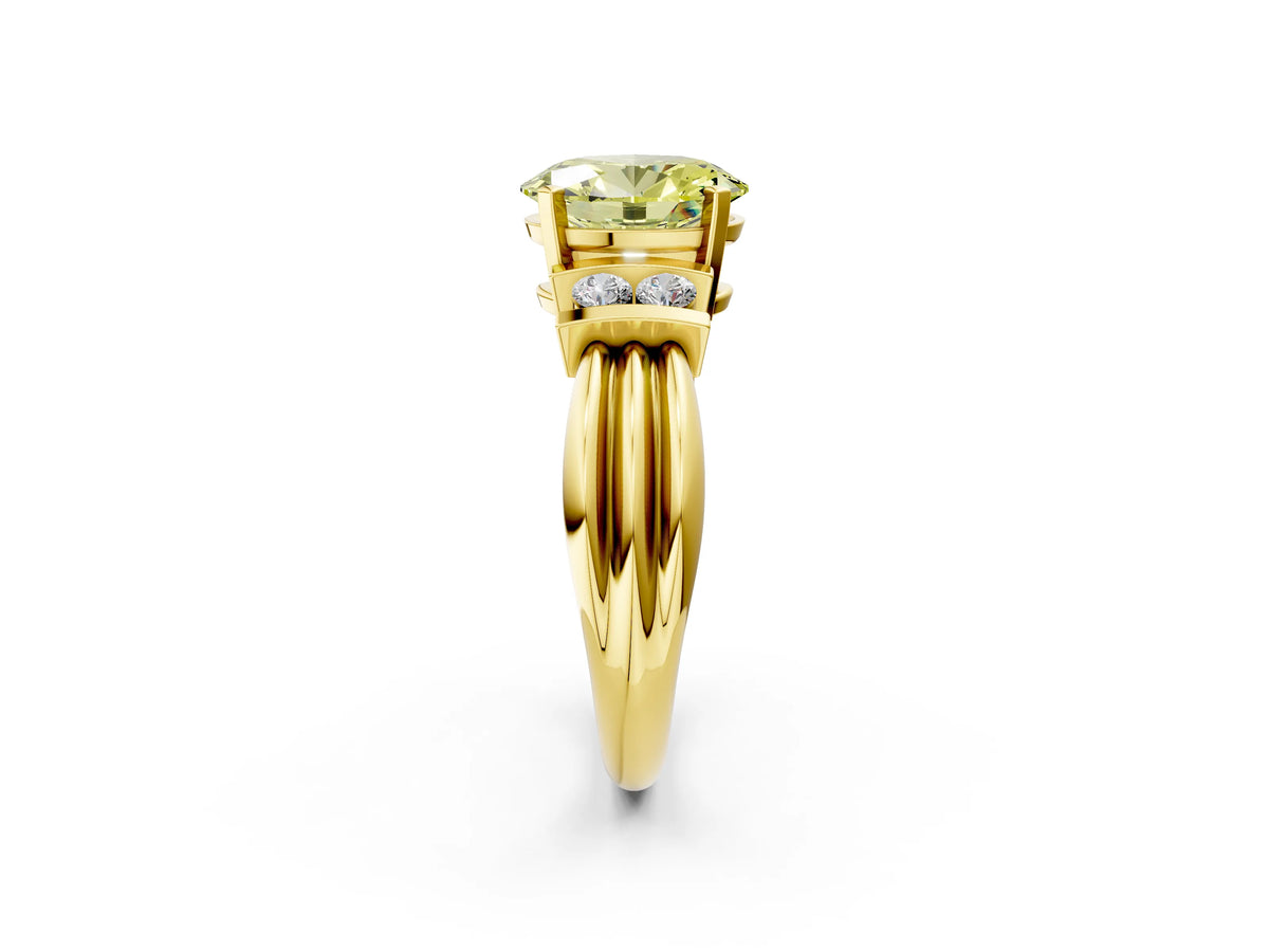 Three-Stone Fancy Yellow Oval Cut Diamond Channel Set Ring in Yellow gold with Bar Prongs_2