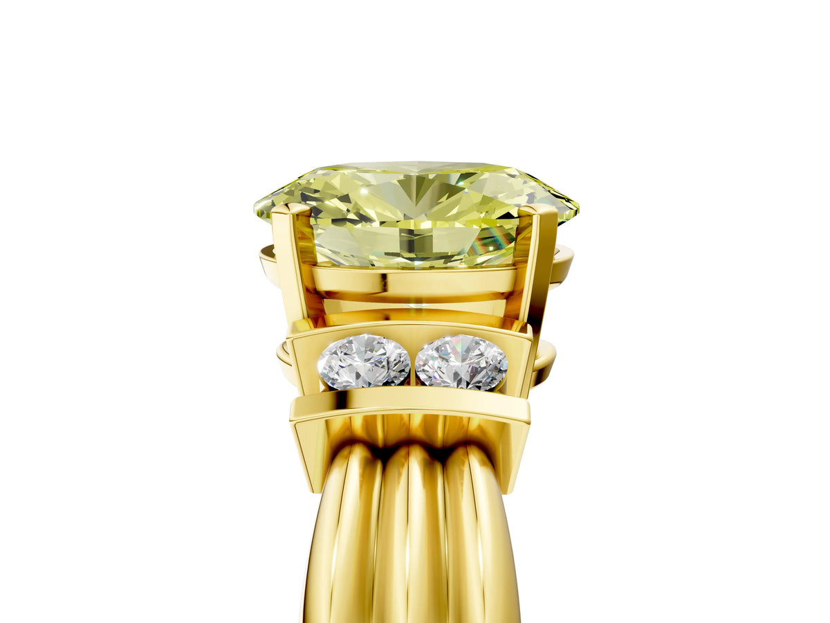 Three-Stone Fancy Yellow Oval Cut Diamond Channel Set Ring in Yellow gold with Bar Prongs_5