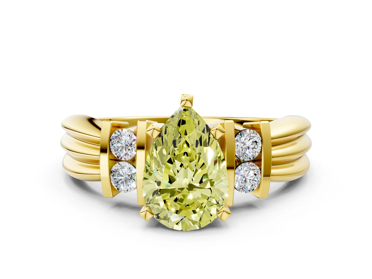 Three-Stone Fancy Yellow Pear Cut Diamond Channel Set Ring in Yellow gold with Bar Prongs