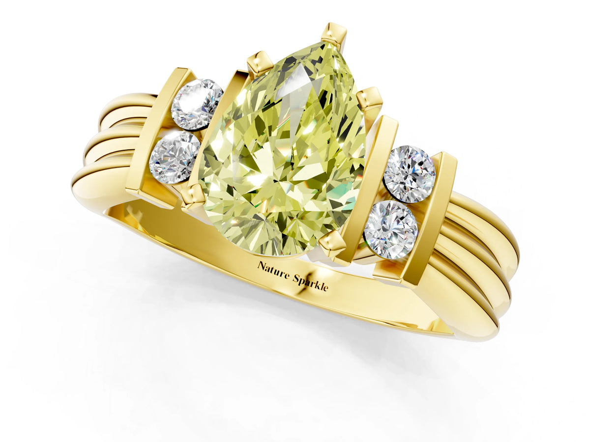 Three-Stone Fancy Yellow Pear Cut Diamond Channel Set Ring in Yellow gold with Bar Prongs_1
