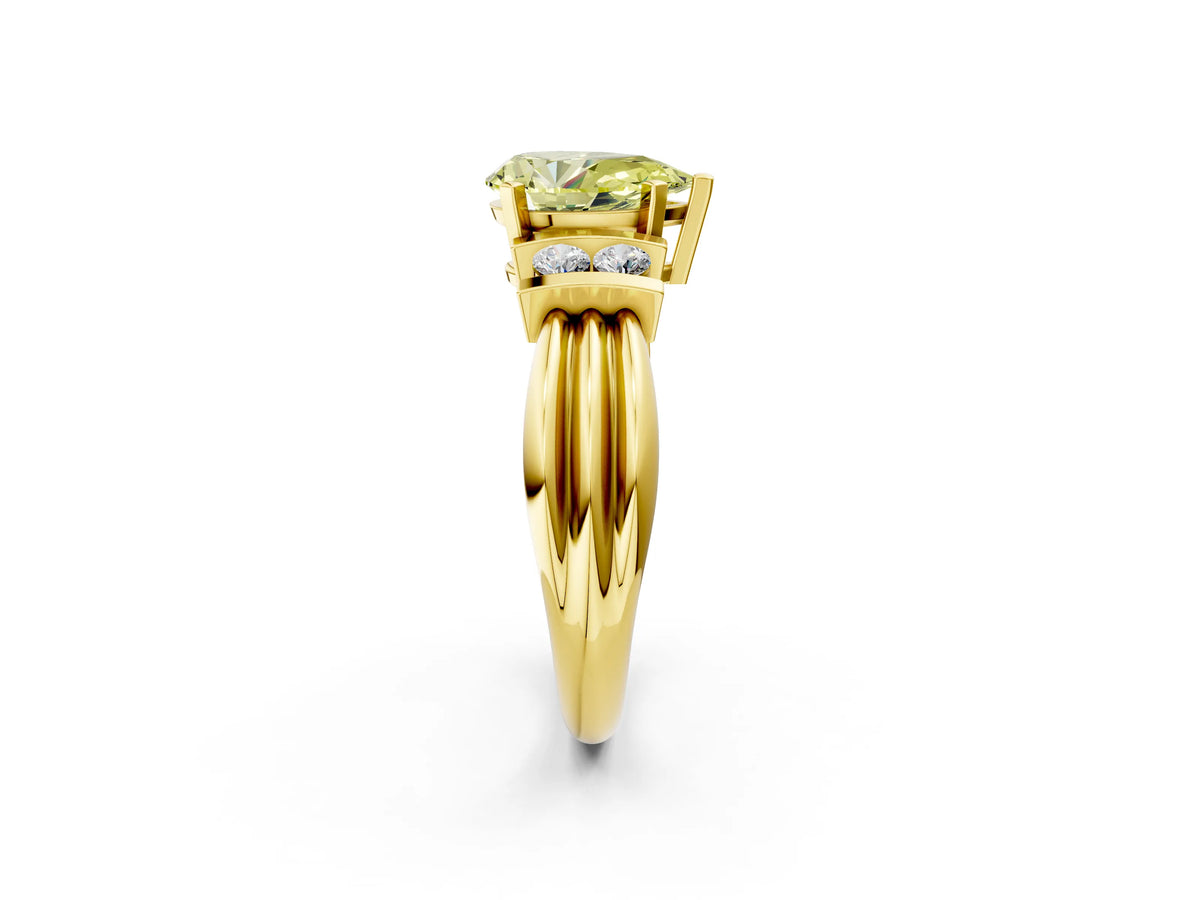 Three-Stone Fancy Yellow Pear Cut Diamond Channel Set Ring in Yellow gold with Bar Prongs_2