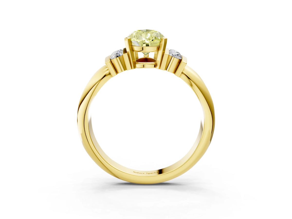 Three-Stone Fancy Yellow Pear Cut Diamond Channel Set Ring in Yellow gold with Bar Prongs_3