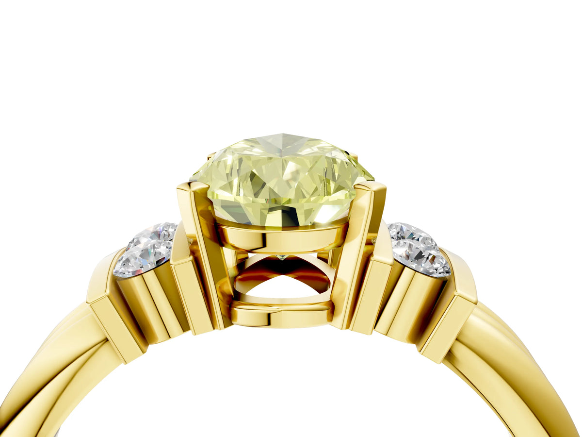 Three-Stone Fancy Yellow Pear Cut Diamond Channel Set Ring in Yellow gold with Bar Prongs_4