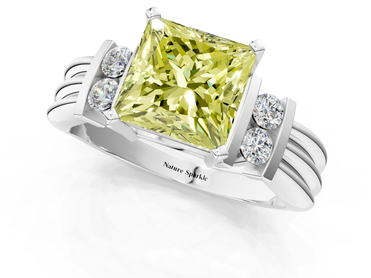 Three-Stone Fancy Yellow Princess Cut Diamond Channel Set Ring in White gold with Bar Prongs_1