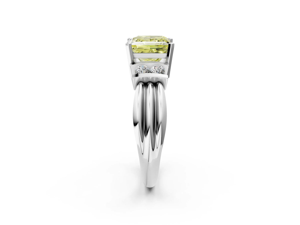 Three-Stone Fancy Yellow Princess Cut Diamond Channel Set Ring in White gold with Bar Prongs_2