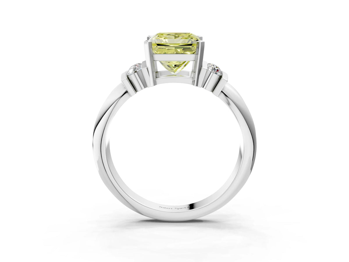 Three-Stone Fancy Yellow Princess Cut Diamond Channel Set Ring in White gold with Bar Prongs_3