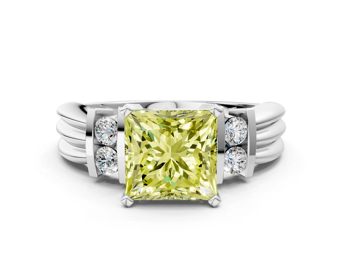 Three-Stone Fancy Yellow Princess Cut Diamond Channel Set Ring in White gold with Bar Prongs