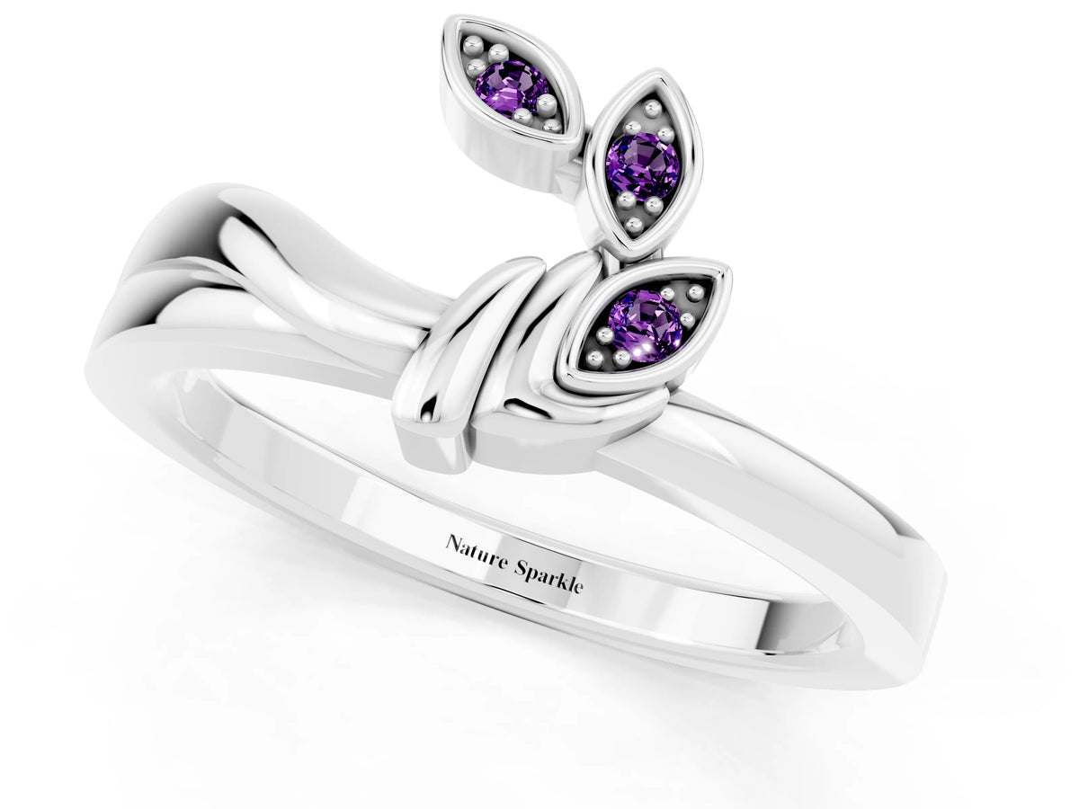Three-Stone Round Amethyst Leaf Bypass Ring in Platinum with Bezel Setting_1