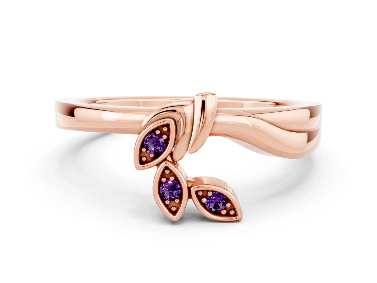Three-Stone Round Amethyst Leaf Bypass Ring in Rose gold with Bezel Setting