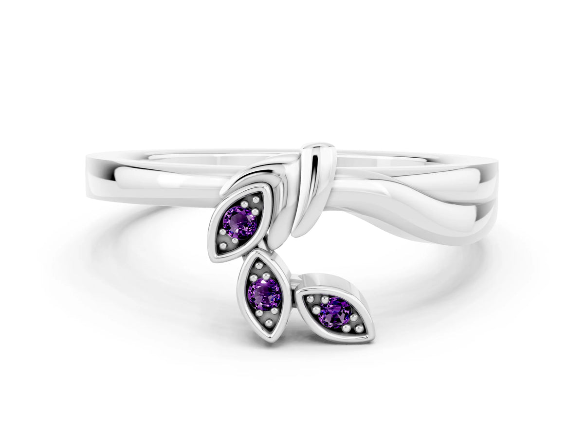 Three-Stone Round Amethyst Leaf Bypass Ring in White gold with Bezel Setting