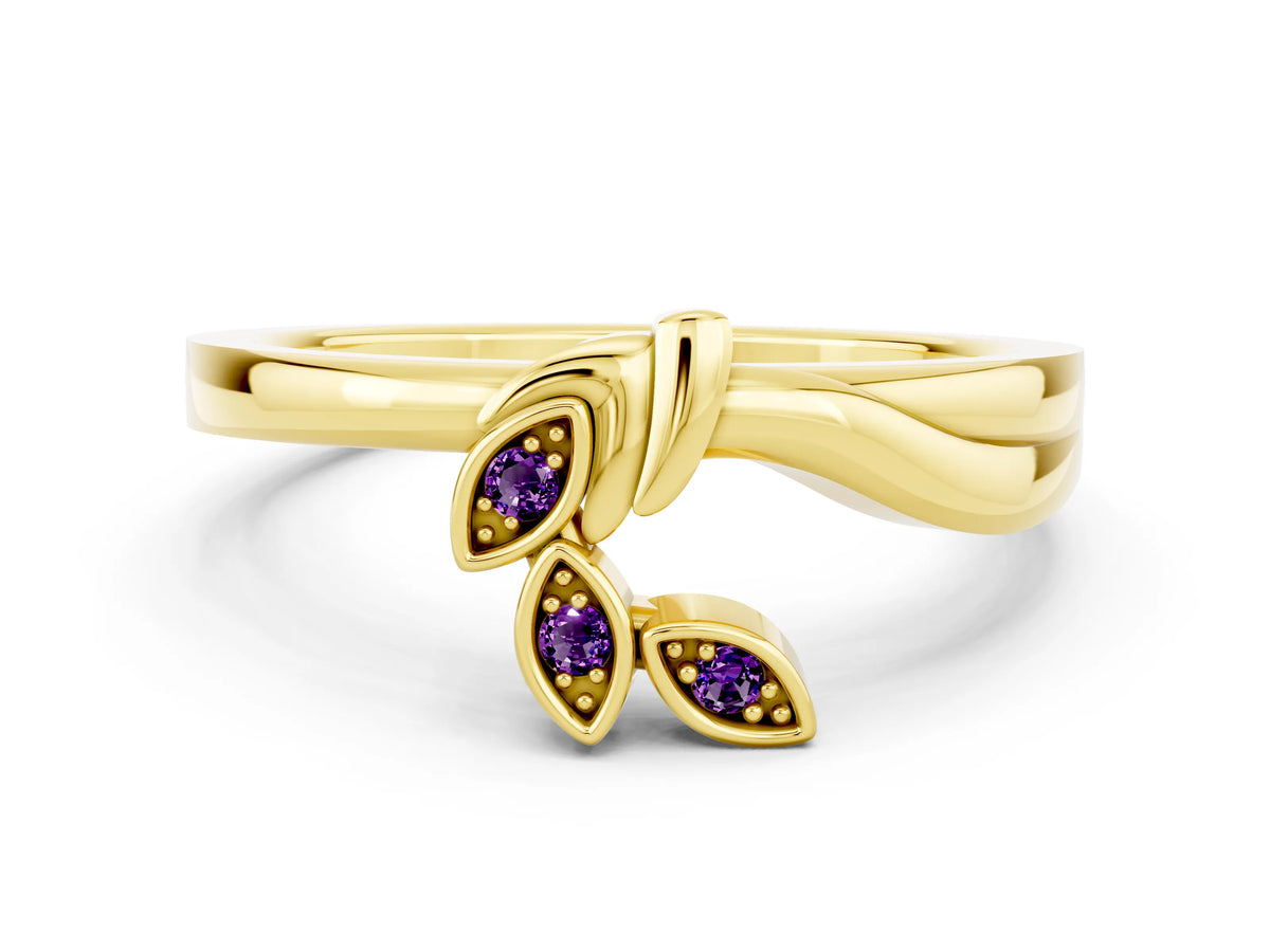 Three-Stone Round Amethyst Leaf Bypass Ring in Yellow gold with Bezel Setting