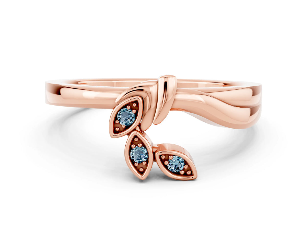 Three-Stone Round Aquamarine Leaf Bypass Ring in Rose gold with Bezel Setting