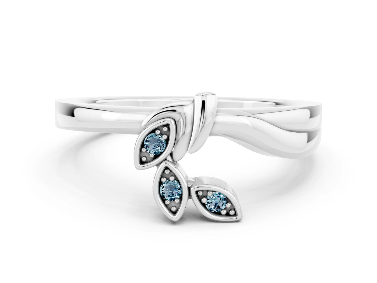 Three-Stone Round Aquamarine Leaf Bypass Ring in White gold with Bezel Setting