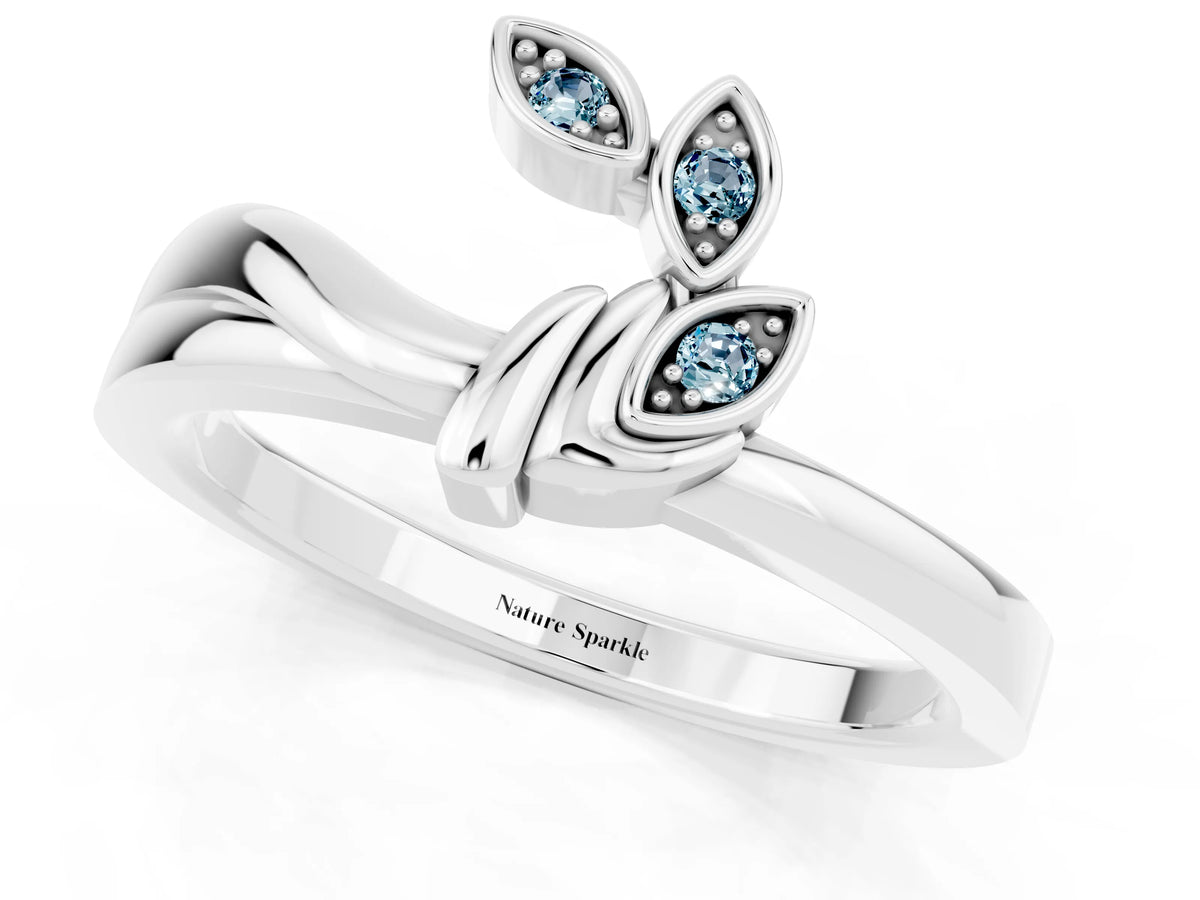 Three-Stone Round Aquamarine Leaf Bypass Ring in White gold with Bezel Setting_1