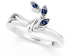 Three-Stone Round Blue Sapphire Leaf Bypass Ring in Platinum with Bezel Setting_1