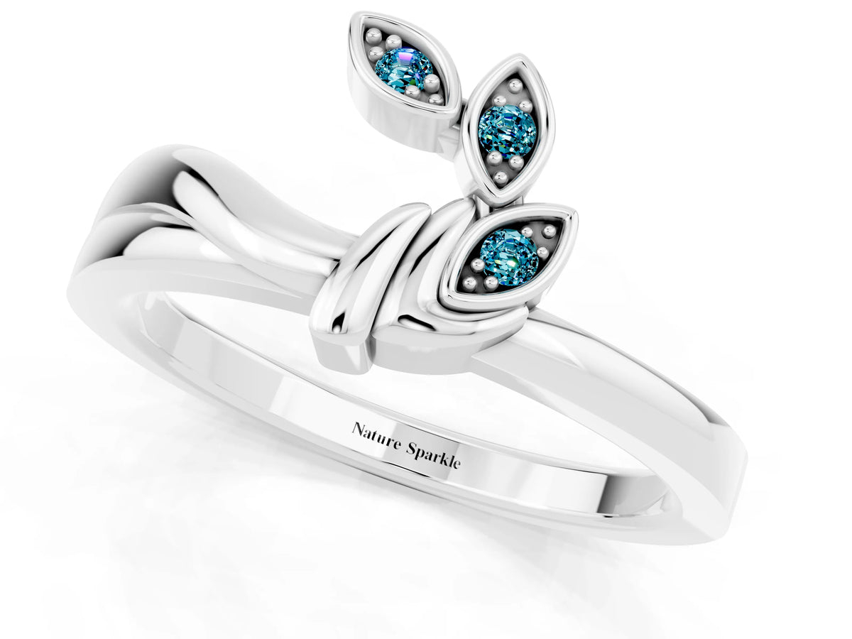 Three-Stone Round Blue Topaz Leaf Bypass Ring in Platinum with Bezel Setting_1