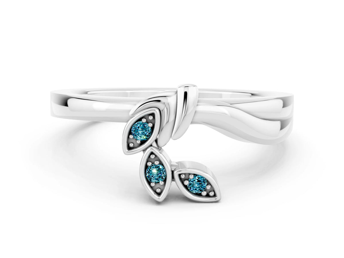 Three-Stone Round Blue Topaz Leaf Bypass Ring in Silver with Bezel Setting