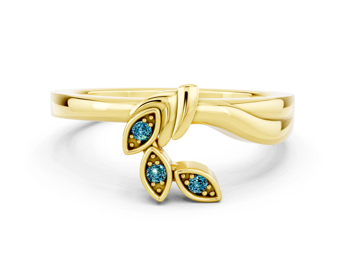 Three-Stone Round Blue Topaz Leaf Bypass Ring in Yellow gold with Bezel Setting
