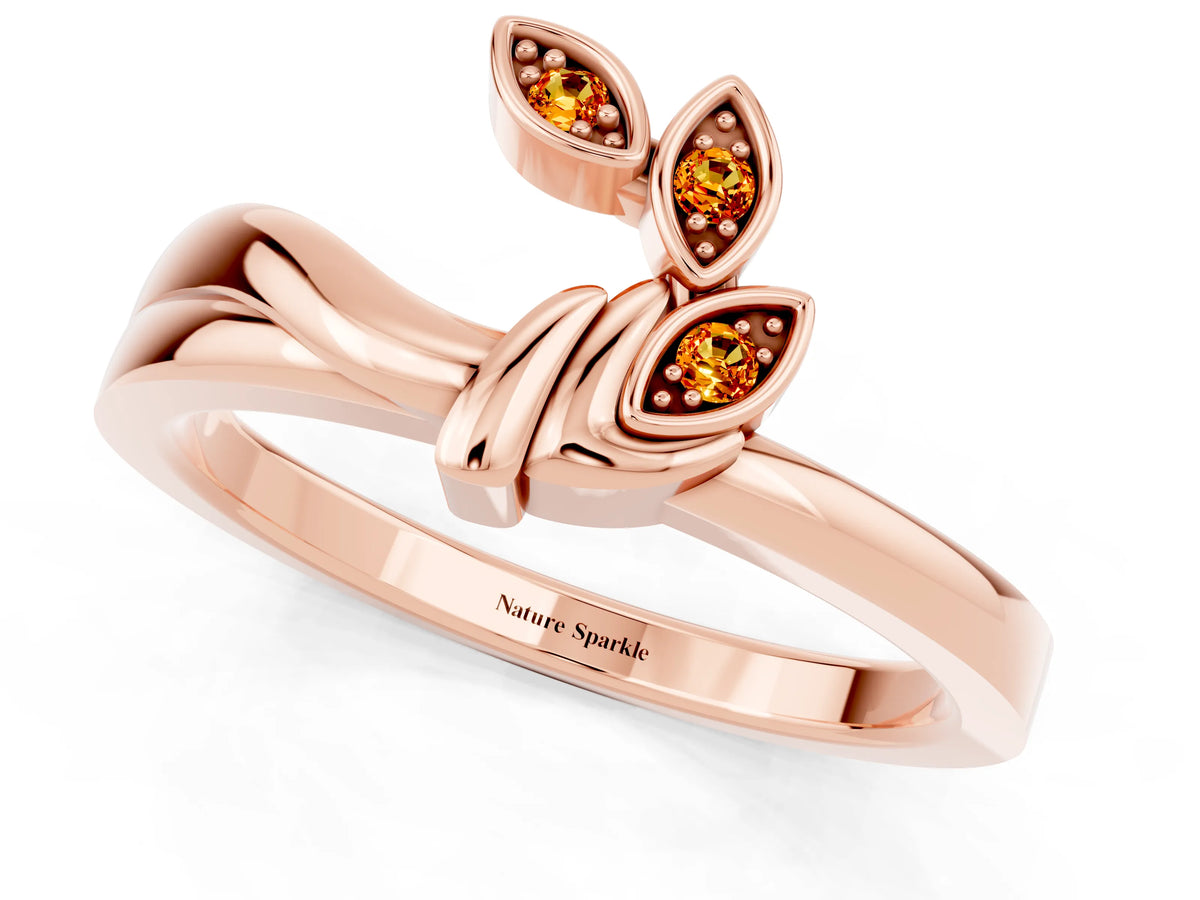 Three-Stone Round Citrine Leaf Bypass Ring in Rose gold with Bezel Setting_1