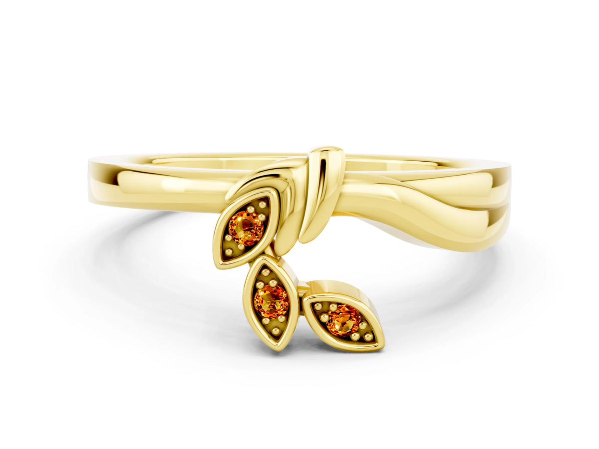 Three-Stone Round Citrine Leaf Bypass Ring in Yellow gold with Bezel Setting