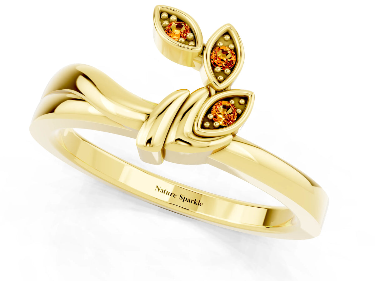 Three-Stone Round Citrine Leaf Bypass Ring in Yellow gold with Bezel Setting_1