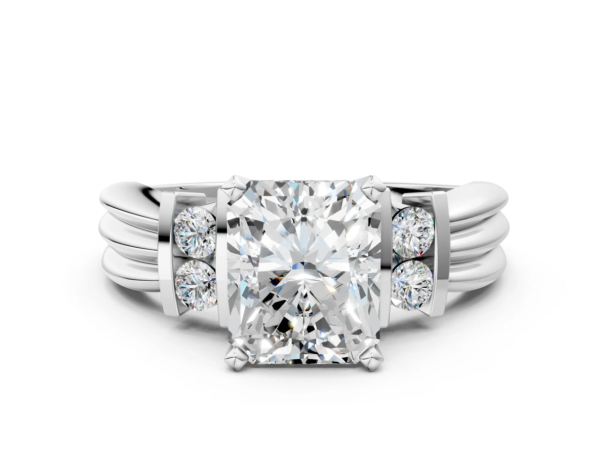 Three-Stone Round Cut Diamond Channel Set Ring in Platinum with Bar Prongs