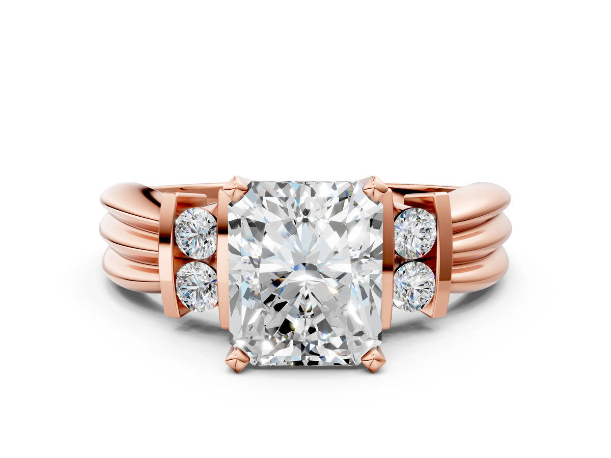 Three-Stone Round Cut Diamond Channel Set Ring in Rose gold with Bar Prongs